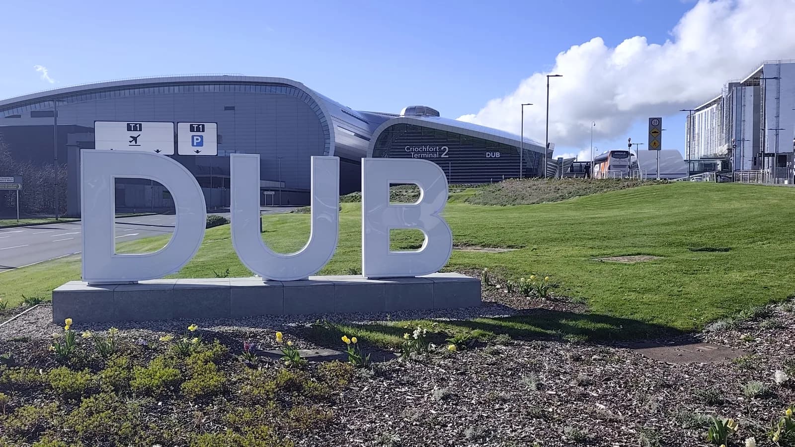 The DUB sign outside Dublin Airport, the end point of a private transfer from Galway