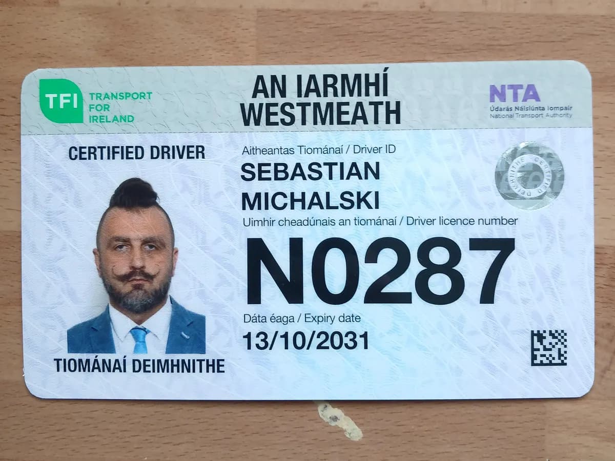 NTA certified driver card for Sebastian Michalski, licence N0287, Westmeath, valid until 13/10/2031