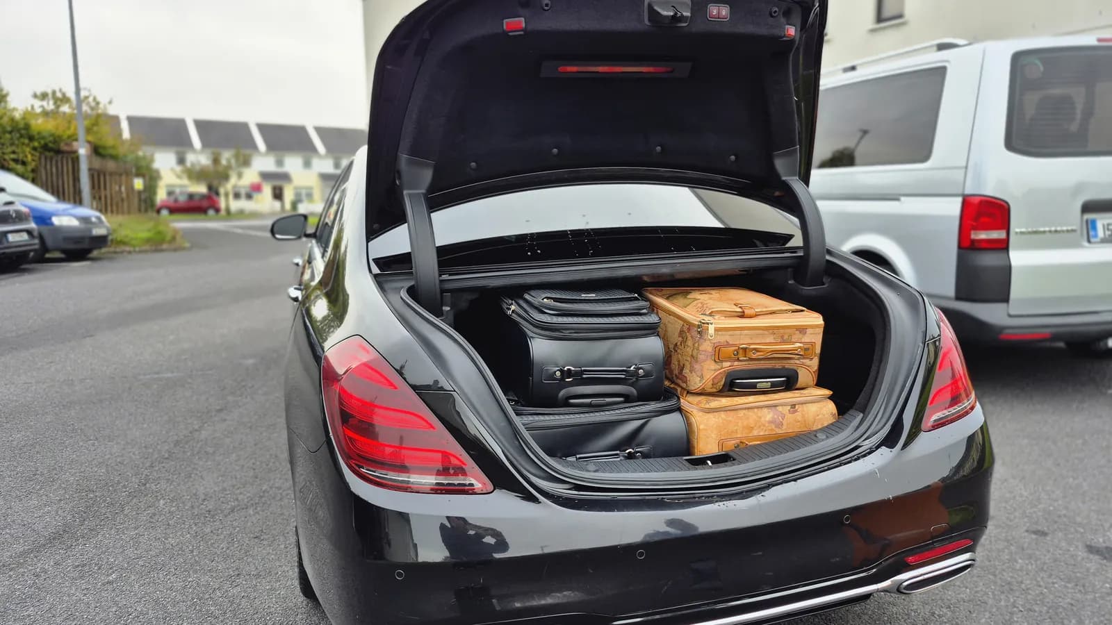 Boot of the Mercedes-Benz S-Class loaded with suitcases