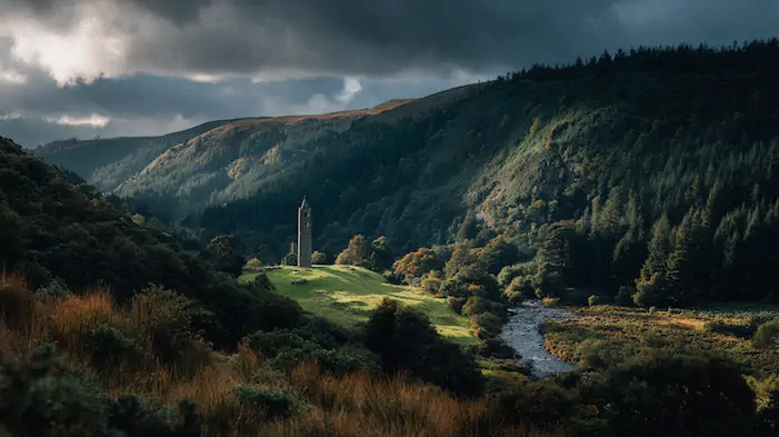 Glendalough round tower in the Wicklow Mountains on a private tour